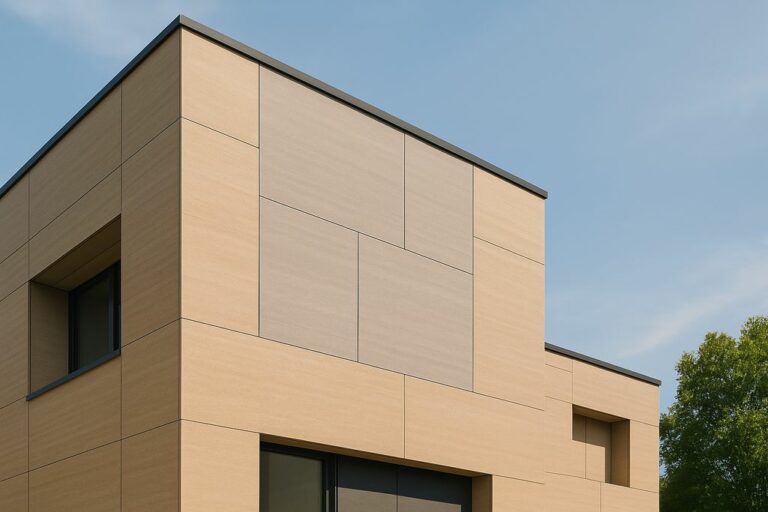 תמונה נוצרה באמצעות בינה מלאכותית (AI) – ChatGPT Image Generator, בהשראת צילום אדריכלי של חזית מבנה מודרני מחופה לוחות פייבר צמנט.