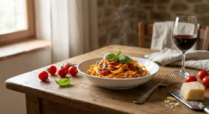 קערת פסטה פטוצ'יני חמה ברוטב עגבניות אדום ועשיר, מעוטרת בעלי בזיליקום טריים וגבינת פרמזן מגורדת, על רקע שולחן עץ כפרי עם עגבניות שרי וכוס יין אדום.